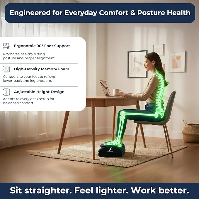 Ergonomic Under Desk Footrest with Massage – Adjustable Posture Support Footrest with Gentle Shiatsu and Vibration for Long Sitting, Office and Work from Home Desk Use – Serenova