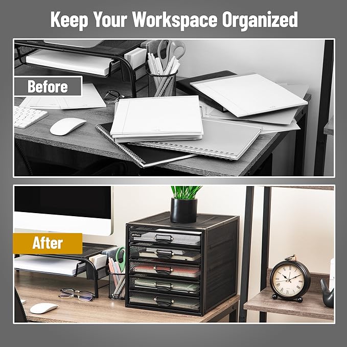 Mind Reader File Storage Drawers, Desk Organizer, Multi-Purpose, Crafts, Office, Metal Mesh, 11"L x 14"W x 11"H, Black, 5 Drawer