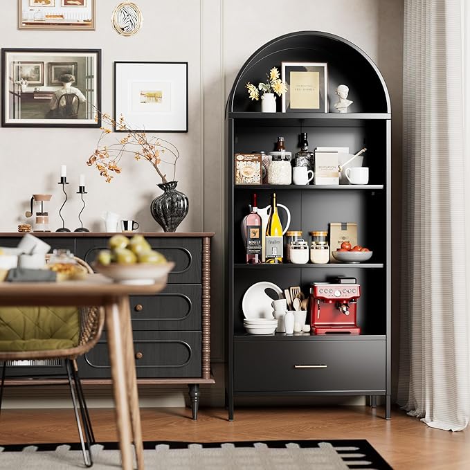 VEXPOR 73" Tall Arched Bookcase Cabinet, 5-Tiers Metal Black Arched Bookshelf with Drawer for Living Room, Home Office, Assembly Required, 15.35" D x 30.71" W x 72.83" H
