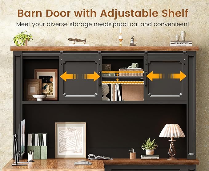 SEDETA Farmhouse L Shaped Desk with Hutch, 67" Executive Home Office Desks with 4 Drawers & Storage Cabinet, Corner Computer Desk with Sliding Doors, File Drawer & Power Outlet, Black+Brown