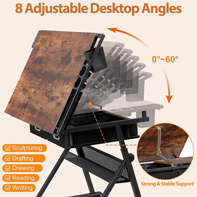 SUPER DEAL Drafting Table Set with Charging Station, Height Adjustable Tilting Drawing Desk Artist Desk with Stool Multifunctional Art Craft Workstation with 2 Storage Drawers for Home Office School