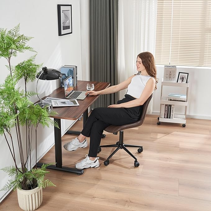 YOUNIKE Brown Ergonomic Home Office Desk Chair with Wheels Comfy Armless Vanity Chair with Back Modern Leather Upholstered Rolling Task Chair Small Cute Computer Drafting Chair Wide Swivel Adjustable