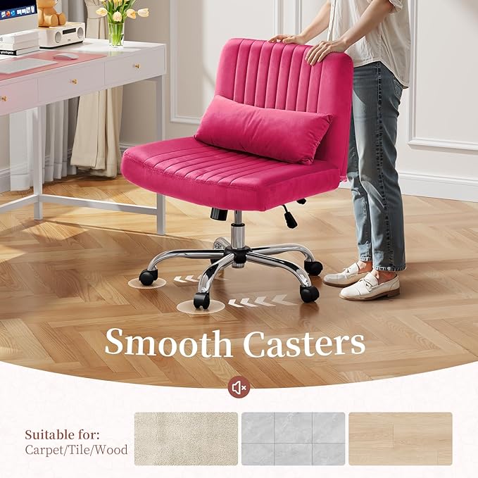 Warmiehomy Criss Cross Office Chair with Wheels, Velvet Cross Legged Desk Chairs for Home, Height Adjustable Swivel Wide Seat Computer Chair, Modern Vanity Chair for Women, Barbie Pink