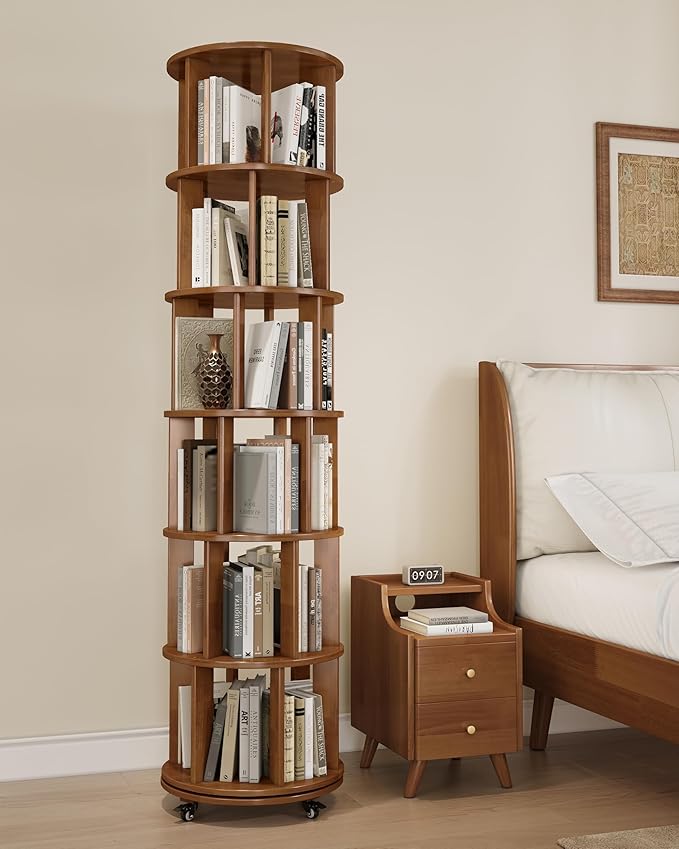 IUNVR Rotating Bookshelf, 6 Tier Solid Wood Bookshelf Tower with Lockable Wheels, 360° Spinning Revolving Bookcase for Small Spaces, Corners, Bedroom, Kids Room, Home Office, Walnut