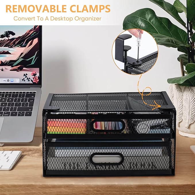 Under Desk Drawer Organizer with 2 Slide Out Drawers – No Drilling Metal Clamp-On Storage, Anti-Slip Desk Drawer Attachment for Home & Office Desktop Organization (Black)