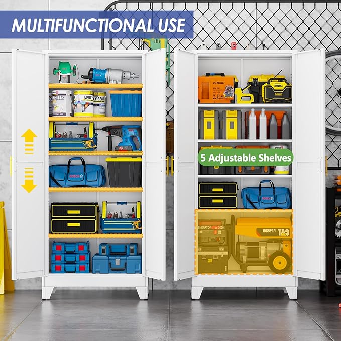 75" Metal Storage Cabinet with Adjustable Leveling Foot,Garage Storage Cabinets with 2 Doors and 5 Adjustable Shelves, Black Steel Cabinet for Office,Home,Garage(White)