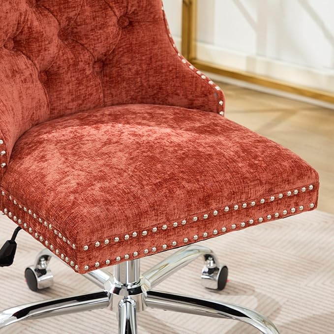 Goujxcy Desk Chair, Modern Chenille Upholstered Tufted Button Home Office Chair, 360° Swivel Armless Desk Chairs, 120°Rocking Ergonomic Computer Task Vanity Chairs, Orange
