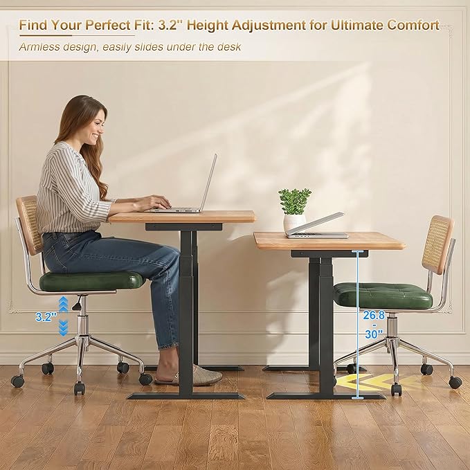 Zesthouse Mid Century Home Office Chair, Armless Desk Chair with Rattan Back, Adjustable Height Task Chair Vanity Chair for Girls Women, Upholstered Swivel Chair, Green Faux Leather