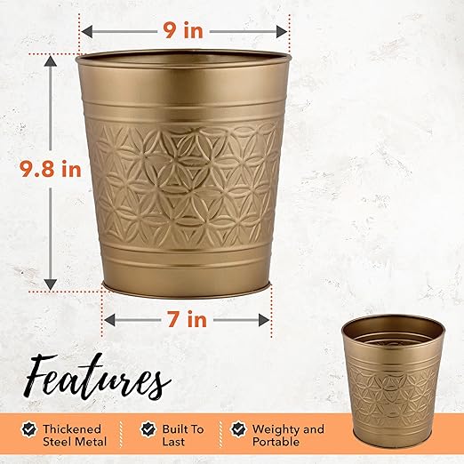 Autumn Alley Antique Gold Trash Can, Hand Crafted Bin, Round Bathroom Trash Can, Open-Top Gold Garbage Can for Bedroom, Home, Office - Modern Waste Basket, Stylish Metal Modern, Bathroom Décor