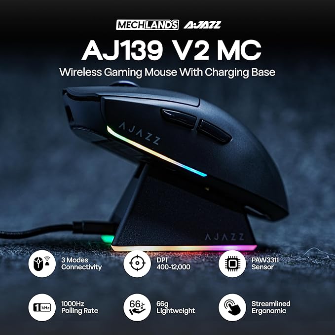 MechLands AJAZZ AJ139 V2 MC Gaming Mouse with Charging Base, Adjustable 12,000 DPI, PAW3311 Sensor, 3 Modes Wireless Mouse, 500mAh Battery, 1000 Polling Rate, 66g Lightweight, Win/Mac (Black)