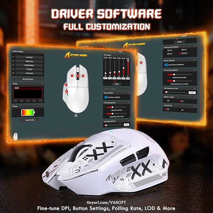 ATTACK SHARK V6 65g Wireless Gaming Mouse with RGB Magnetic Charging Dock,BT/2.4G Wireless/Wired Mouse with Tape 1K Polling,PixArt PAW3311 Sensor,25K DPI,Programmable Gamer Mice for PC/Win/Mac (White)