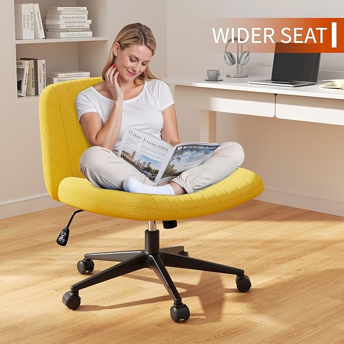 Meilocar Criss Cross Chair with Wheels, Cross Legged Office Chair, Armless Office Chairs Adjustable Height Swivel Tilting Fabric Vanity Chairs for Home Bedroom (Yellow)