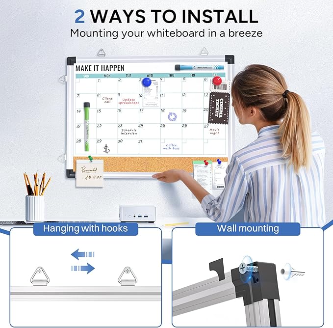 Marsrock Monthly Calendar Whiteboard and Cork Board Combo for Wall, 17"x13" Reversible Hanging Dry Erase Board, Double Sided White Board with Aluminum Frame for Planning, Office, Kitchen, School, Home