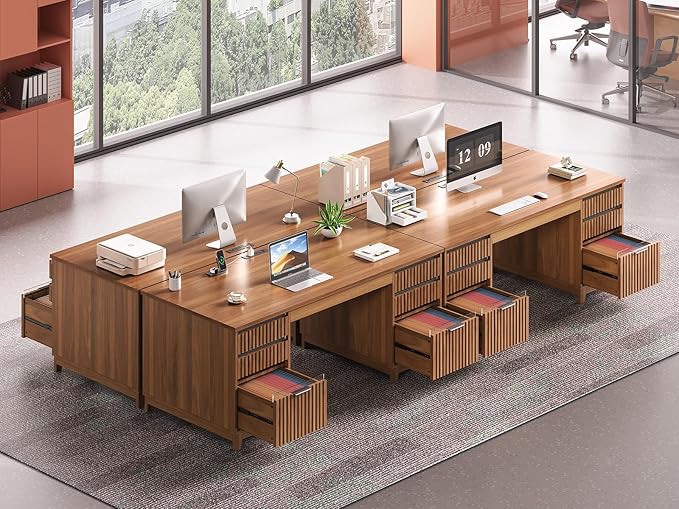 SEDETA 55.1" Fluted Office Desk with 6 Drawers, Modern Executive Desk with Acrylic File Drawers, Computer Desk with Power outlets for Home Office and Study (Brown)