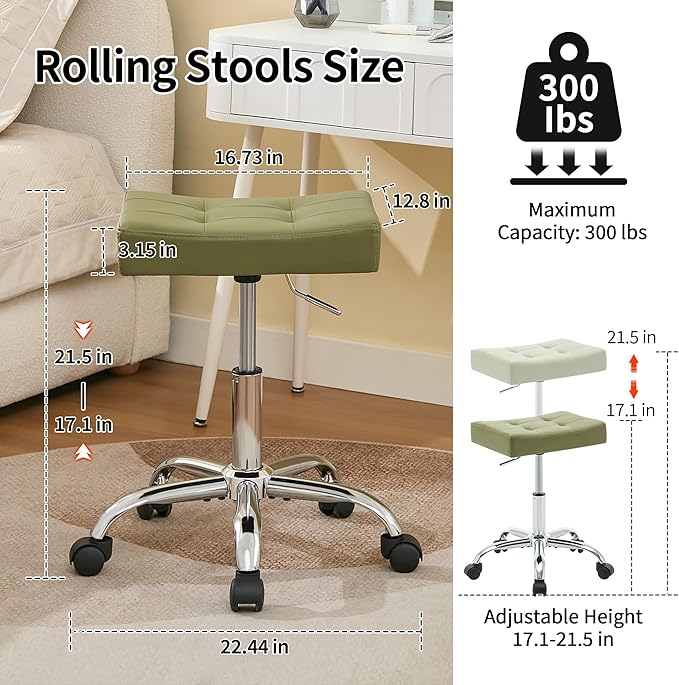 FIRAVOE Saddle Salon Stool (Adjustable Height 17-21 inch) (Quiet Wheels and Sturdy Base) Nail Tattoo Vanity Massage Stool (Green)