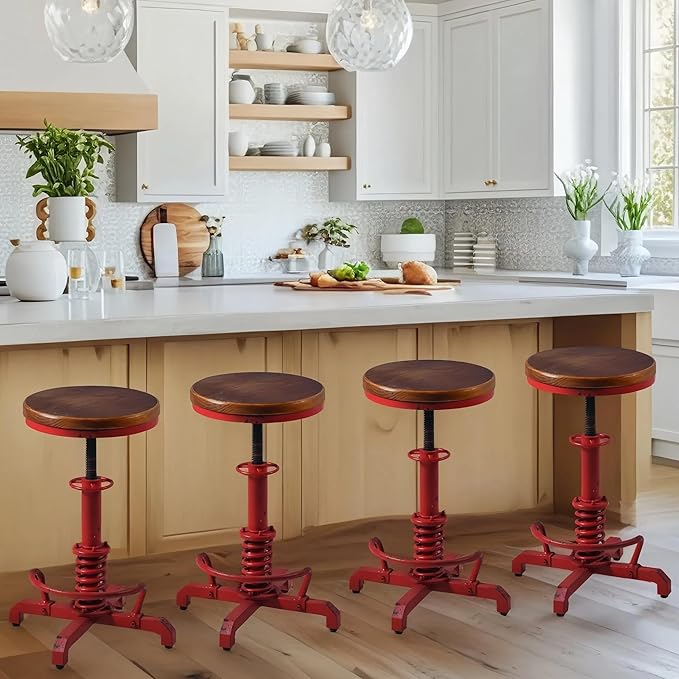 Topower Industrial Retro Vintage Farm Wooden Seat Tractor Stool Kitchen Swivel Height Adjustable bar Stool Antique Red