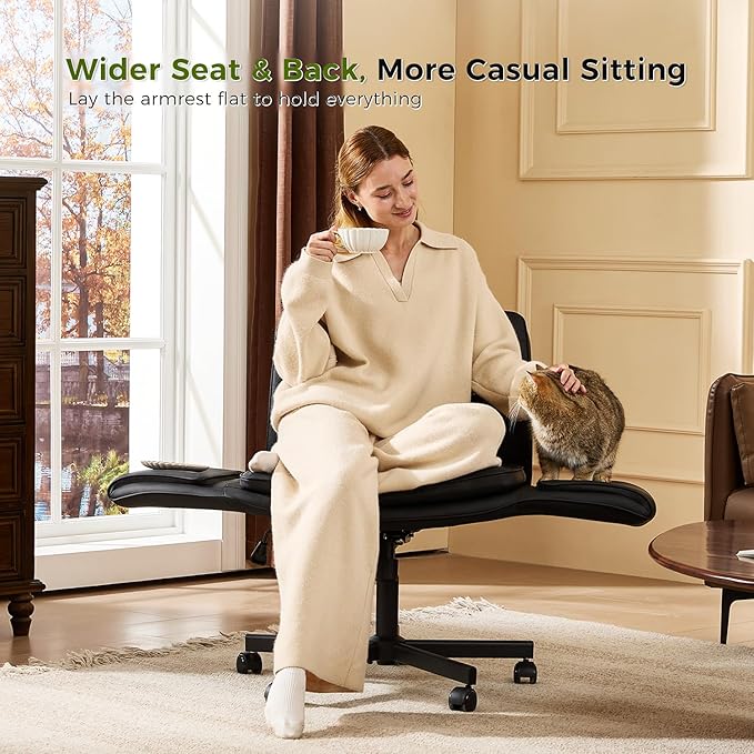 amseatec Criss Cross Chair with Armrests & Wheels, PU Leather ADHD Home Office Desk Chair, Comfortable Lounge Chair for Home, Make Up, Bed Room, 5-Gear Adjustable Arm,Wide Seat,Swivel(Black)