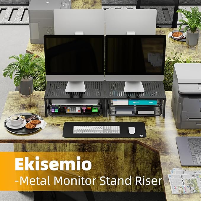 Ekisemio 2 Pack Desk Organizer and Accessories, 2-Tier Metal Computer Monitor Stand Riser with Drawer, Desk Accessories & Workspace Organizers for Home Office Supplies, Black