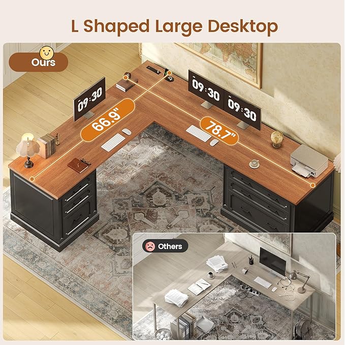 SEDETA Farmhouse 78.7" Executive L Shaped Desk with 6 Drawers, Home Office Desk with Power Outlet, File Cabinet Storage, Wood Corner Computer Desk for Work and Study, Black
