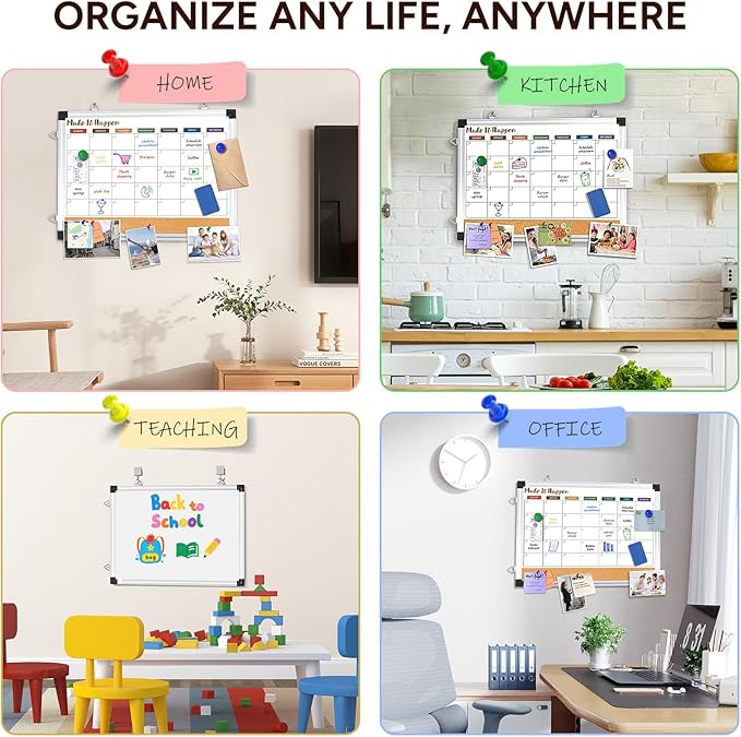 Marsrock Monthly Dry Erase Board and Cork Board Combo for Wall, 17"x13" Reversible Hanging Dry Erase Board, Double Sided White Board with Aluminum Frame for Planning, Office, Kitchen, School, Home