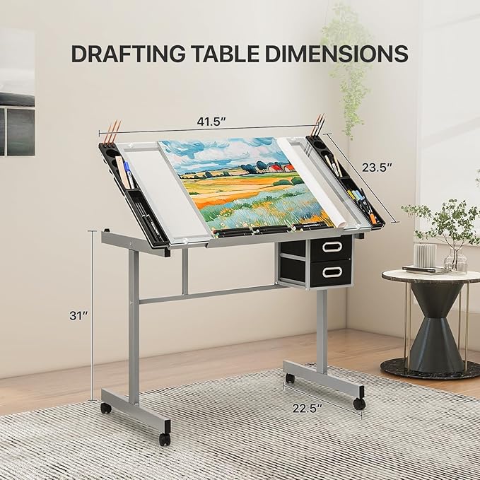 Athena Collection 41" Drafting Table Adjustable Angle Drawing Table Tempered Glass Art Desk Metal Frame Craft Desk for Artist with Fabric Drawers, Rolling Casters and Trays, Light Grey