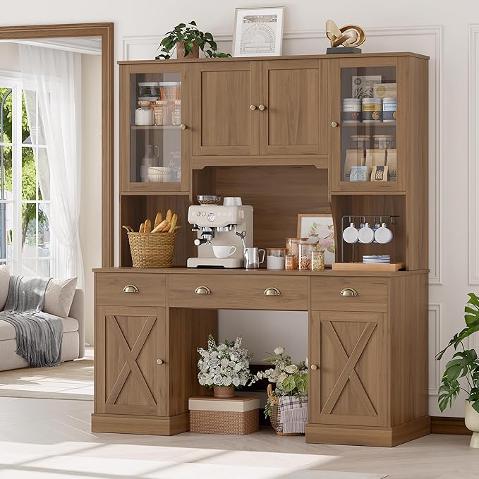Keyluv 75" Executive Desk with Hutch and Drawers, Computer Desk with Glass Door and Storage Cabinet, 63" W Large Farmhouse Workstation for Home Office Study Writing Gaming Table, Brown