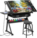 HomGarden Height Adjustable Drafting Desk Drawing Table Art Craft Work Station w/Stool, Power Outlet and Storage Drawers for Home Office Study Room, Black