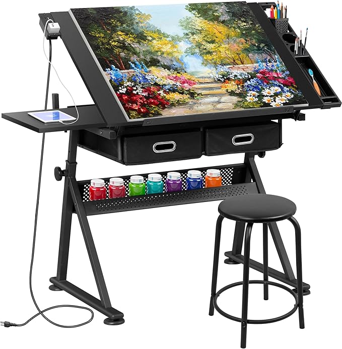 HomGarden Height Adjustable Drafting Desk Drawing Table Art Craft Work Station w/Stool, Power Outlet and Storage Drawers for Home Office Study Room, Black