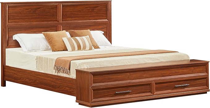 King Size Bed with 3D Geometric Headboard & Storage Bench - 4-Drawer Storage, Modern Bedroom Furniture, Walnut. The 3D geometric grid pattern on the headboard exudes modern charm, blending refinemen