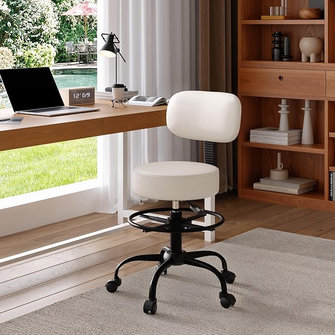 Drafting Chair with Back, Adjustable Foot Rest Rolling Stool (1, Beige)