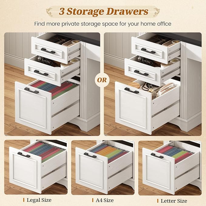SEDETA Farmhouse L Shaped Desk with Hutch and 3 Drawers, 68.9" Executive Office Desk with File Drawer and Power Outlet, Corner Computer Desk with Storage Shelves for Home Office, White