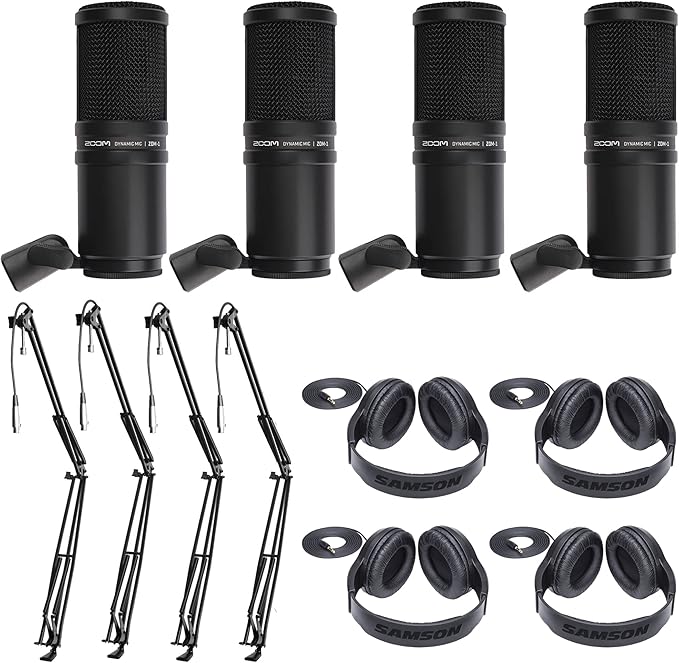 Zoom ZDM-1 Dynamic Microphone + On Stage Broadcast/Webcast Boom Arm + Stereo Headphones + Cleaning Cloth (4 Person Mic Bundle)