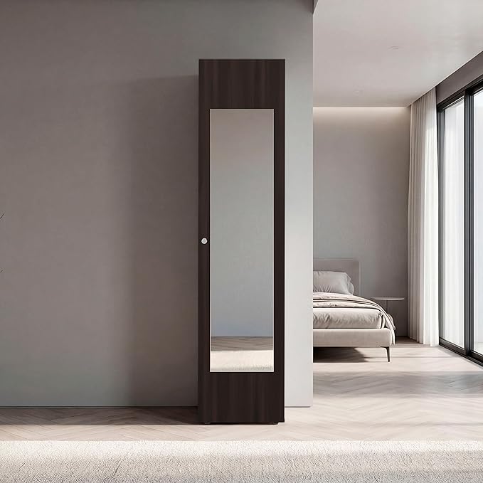 Stained Walnut Storage Cabinet with Mirror Integrated full-length mirror enables effortless head-to-toe styling and quick outfit checks right next to hanging clothes and folded garments for convenie