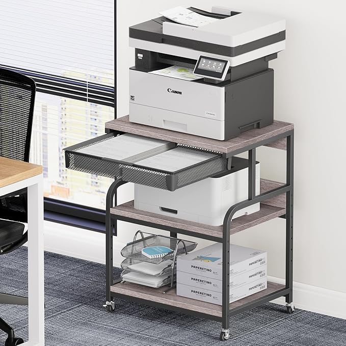EasyCom 23.6''x18.9'' Extra Large Printer Stand with Drawer, 5-Adjustable Heights 3 Tier Table with Wheels, Rolling Printer Cart with Storage for Printer Scanner Fax Home Office Use