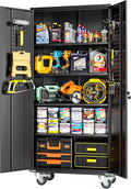 Greenvelly Metal Storage Cabinet with Wheel,Lockable 74" Black Metal Garage Cabinets with 2 Doors and 4 Adjustable Shelves, Rolling Steel Tool Cabinet for Garage, Home Office, School