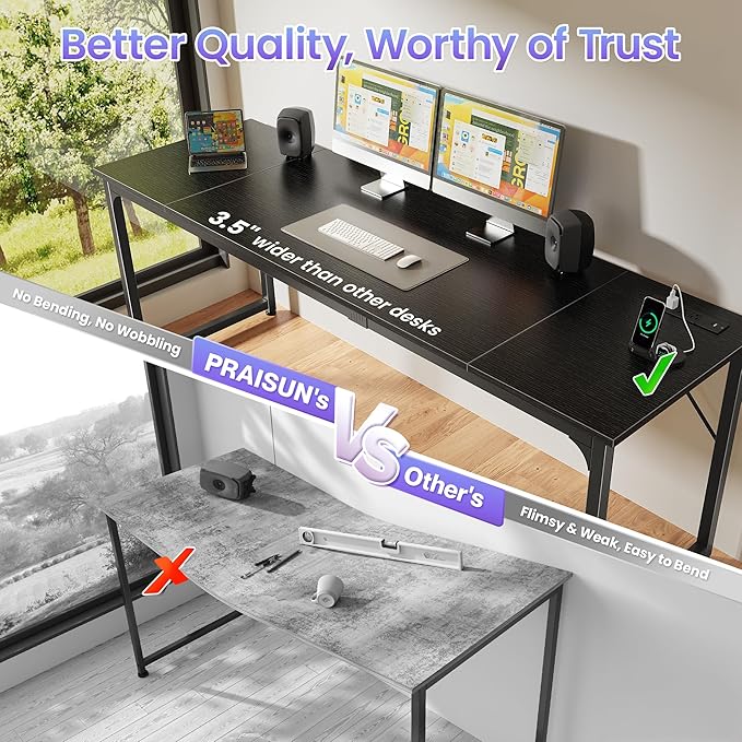 PRAISUN 80 X 24 Inch Office Computer Desk with Power Outlets and USB-C Port, Larger and Longer Gaming Desk, for Home Office, Study, Writing Work from Home Table, Metal Frame, Black