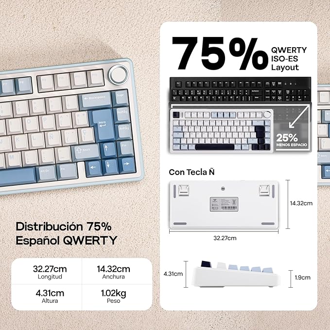 EPOMAKER Aula F75 ISO-ES Wireless Mechanical Gaming Keyboard, 75% Spanish Layout with Knob, Creamy Gasket, Sound-Dampening, RGB, Hot-Swap, BT/2.4Ghz (Sea Salt Blue)