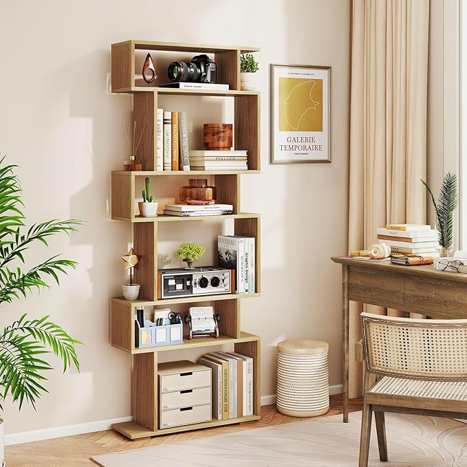 Giantex 6-Tier Geometric Bookshelves Set of 2, S-Shaped Bookcase with 2 Anti-Tipping Kits, Wooden Display Shelf, Decorative Storage Shelving Unit, Home Storage Organizer for Living Room, Natural
