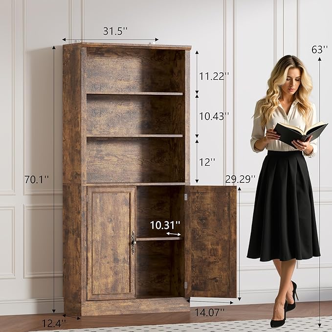 BORNOON 70.1" Tall Bookshelf with Cabinet, 5-Tier Floor Standing Bookcase with Doors & Adjustable Shelves, 31.5" Wide Storage Shelf, Metal Handles, Modern Organizer for Home Office, Living Room
