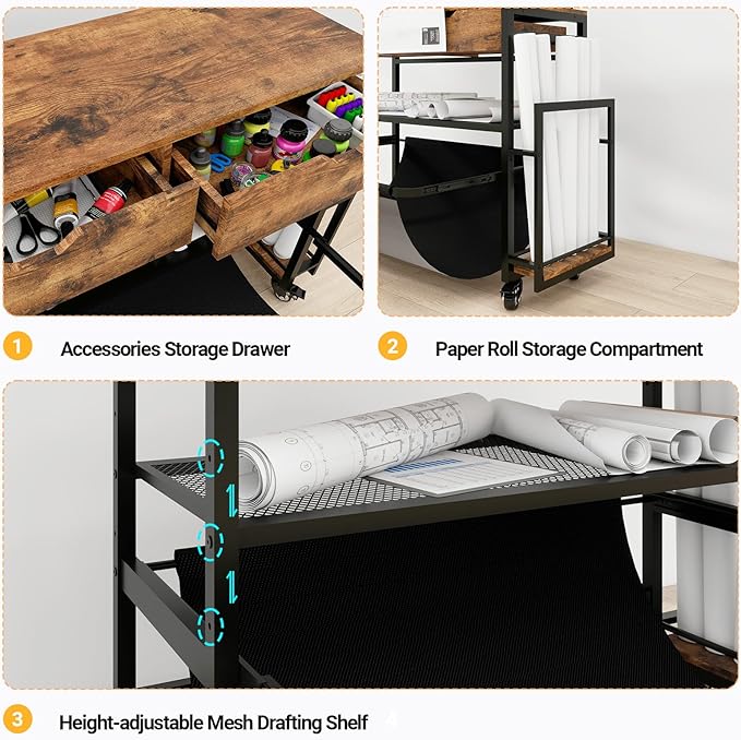 Wide Format Printer Stand with Laptop Station, Plotter Workbench Table with Pull-out Drafting Storage, Roll Paper Holder, Accessory Drawer & Adjustable Shelf for Plotters/Cutting Machines (Retro)