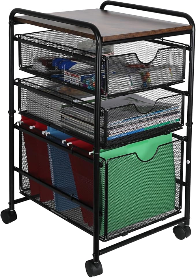 EasyPAG 3-Tier Rolling File Cart with 1 Large & 2 Small Baskets – Adjustable Hanging Organizer, Under Desk Storage, Mobile File Cabinet for Home/Office, Black