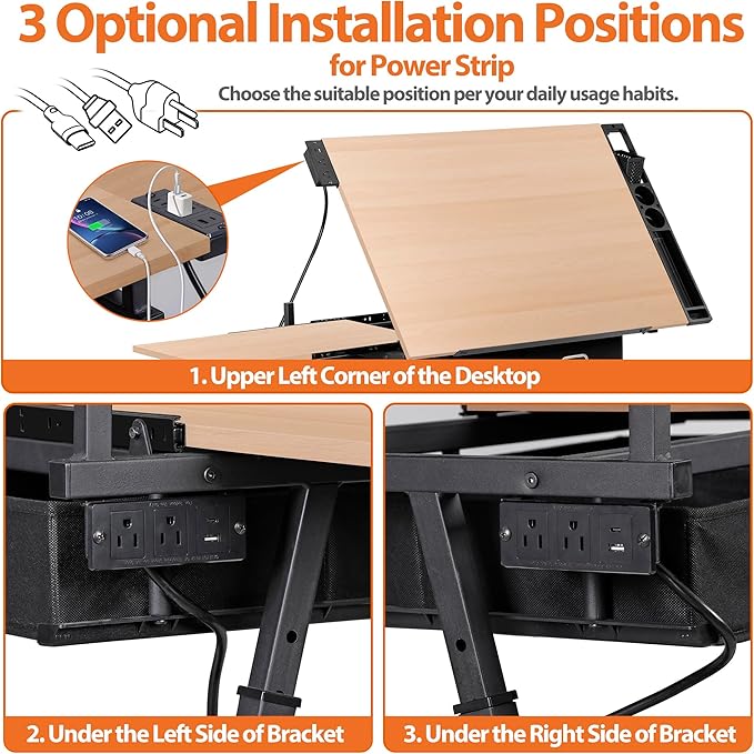 JupiterForce Drafting Table Art Desk w/Power Outlet and Stool, Adjustable Tilting Drawing Table Artist Desk with 2 Storage Drawers, Art Craft Work Station for Home Office Working, Writing, Crafting