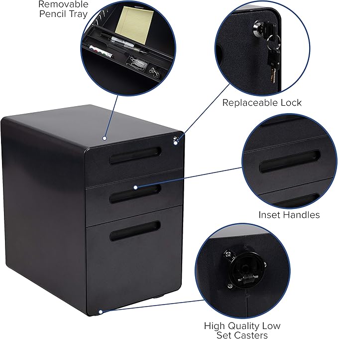 EMMA + OLIVER Work from Home Kit-Black Computer Desk, Ergonomic Office Chair, Filing Cabinet