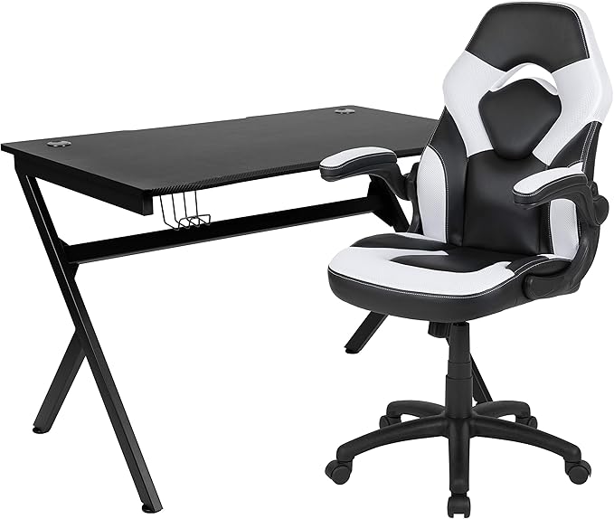 Flash Furniture Optis Black Gaming Desk and White/Black Racing Chair Set with Cup Holder, Headphone Hook & 2 Wire Management Holes