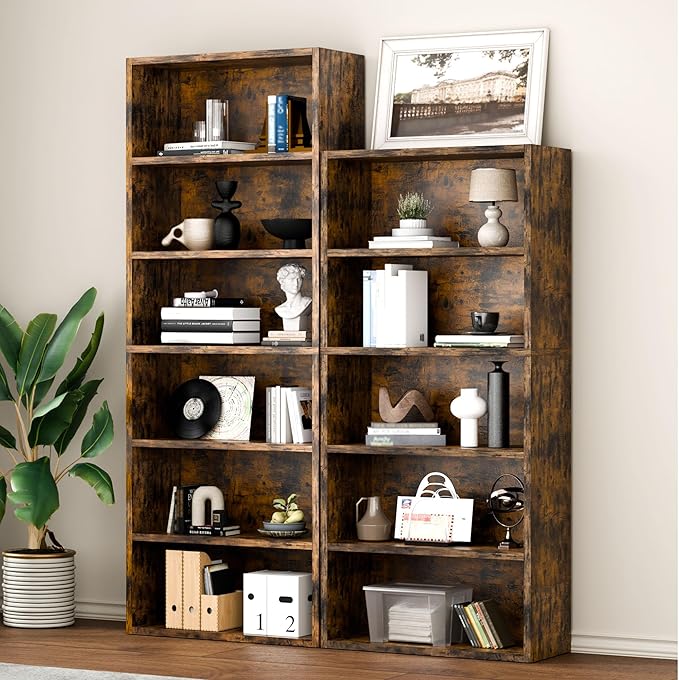 6-Tier Industrial Bookcase, 63" Tall Freestanding Wood Bookshelf with Open Display Storage Shelves for Living Room, Bedroom, Home Office, Rustic Brown