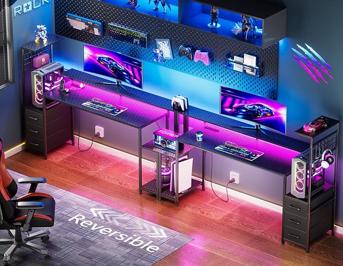 Korfile 63 Inch Gaming Desk with Bluetooth LED Lights & Power Outlets,Computer Desk with Fabric Drawers & Hooks,Reversible Gamer Table with Monitor Stand for Game Room,Home Office,Carbon Fiber Black
