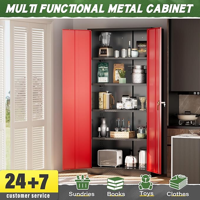 Greenvelly Metal Storage Cabinet, 72" Steel Garage Cabinet with Doors and Adjustable Shelves, Metal Cabinet with Lock,Tall Metal Office Storage Cabinet for Garage,Home Office,School (Black Red)