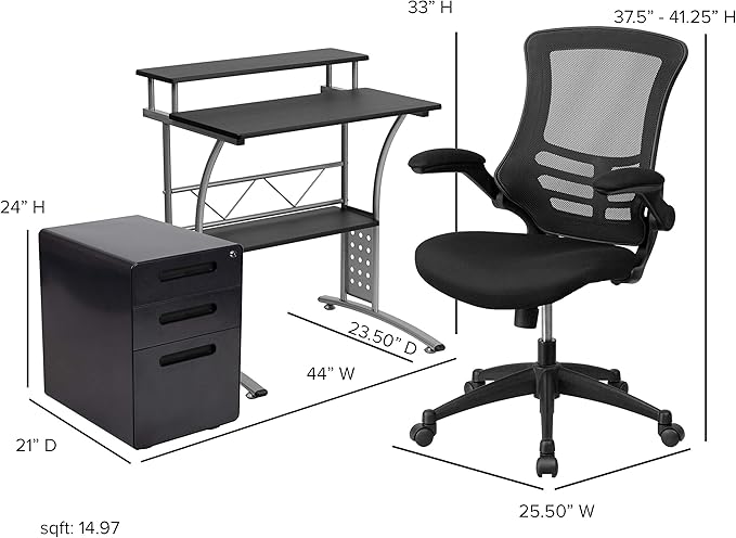 EMMA + OLIVER Work from Home Kit-Black Computer Desk, Ergonomic Office Chair, Filing Cabinet