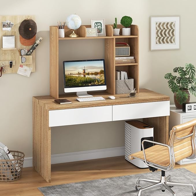 Desktop Bookshelf, 3-Tier Desk Hutch Shelf with 5 Display Rack for Computer Desk, Desk Organizer Shelves for Top of Desk, Dorm, Home, Office (Natural)