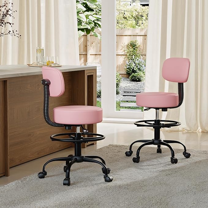 Drafting Chair with Back Support, Adjustable Foot Rest Rolling Stool, 360° Swivel Office Desk Chair with Wheels, Thick Seat Cushion for Home Bar Salon Tattoo Shop (2, Pink)
